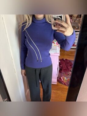 Slim Funnel-Neck Purple Knit Top with Decorative Zips